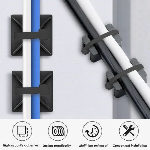 Powerful Back Glue Self Adhesive Cable Zip Tie Mounts Kit with 360 Pieces Black Mounts and 6 Inch Zip Ties in use on cables
