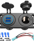 Road Ready Waterproof Cigarette Lighter Socket Splitter With Straight Up Beast Mode Charging QC 3.0 Dual Usb Ports And Sweet Blue Led Rocker Switch Panel, close-up view of dual USB ports and socket adapter.