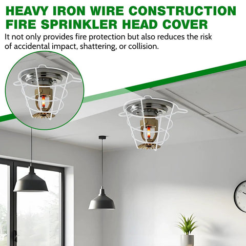 12 Pack Heavy Duty Fire Sprinkler Head Cage Guards Shield Semi Recessed Residential Heads, white iron wire cover on ceiling.