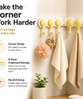 Hassle Free Peel And Stick Wall Hooks With Six Swiveling Rotating Arms For Hanging Bath Towels Kitchen Tools And Daily Gear Directly On Any Smooth Surface, displayed in a corner with towels and decorative items.