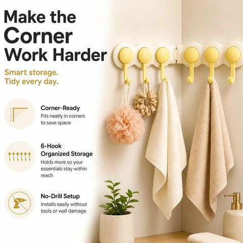 Hassle Free Peel And Stick Wall Hooks With Six Swiveling Rotating Arms For Hanging Bath Towels Kitchen Tools And Daily Gear Directly On Any Smooth Surface, displayed in a corner with towels and decorative items.
