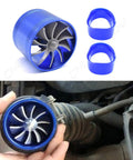 Universal Air Intake Turbonator Turbo Turbine Charger For Cars And SUVs Aluminum Single Fan Boost Accelerator Gas Saver Fuel Saver 64mm Inlet 2.5 Inch Fit Blue Fits Most Models showing product and installation.