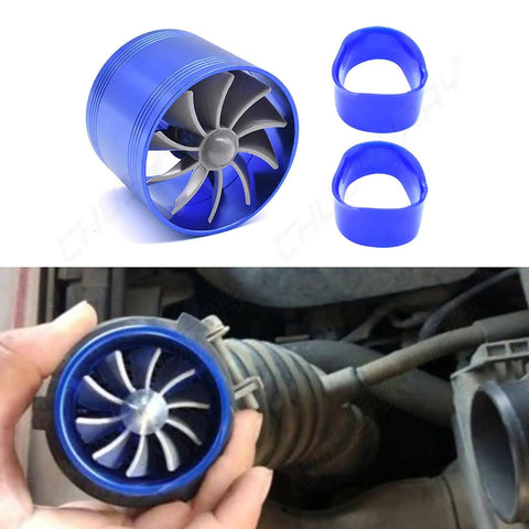 Two Point Five Inch Car Air Intake Turbonator Performance Turbine Charger Turbo Booster With Single Fan Aluminum Universal Kit for gas saver and power boost on cars trucks SUVs, blue product image showing installation and components