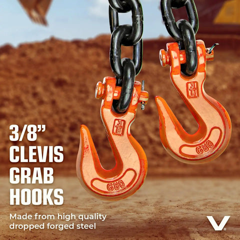 3/8 inch clevis grab hooks of Heavy Duty Binder Chain Tie Down With Grab Hooks Grade 80 Three Eighth Inch By Twenty Foot Beefed Up Cargo Tie Down Delivers 7,100 Pound Safe Working Load For Rugged Hauling On Trucks Trailers And Industrial Jobs, high-quality forged steel.