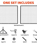 Image showing components of Two Pack Hella Durable Rolling Wire Grid Wall Panels Featuring Twenty Straight Up Sturdy Hooks For Retail Shops Craft Fairs Mobile Vendor Booths And Weekend Markets In Black.