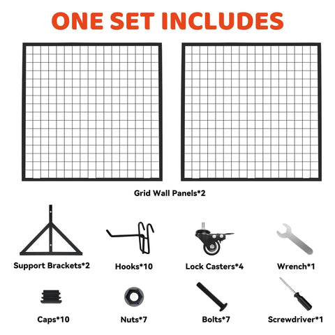 Image showing components of Two Pack Hella Durable Rolling Wire Grid Wall Panels Featuring Twenty Straight Up Sturdy Hooks For Retail Shops Craft Fairs Mobile Vendor Booths And Weekend Markets In Black.