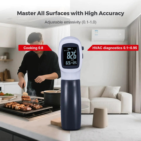 Infrared Temperature Gun For Meat And Auto Use With Adjustable Emissivity And High Low Alarms Digital Thermal Gun displayed in use