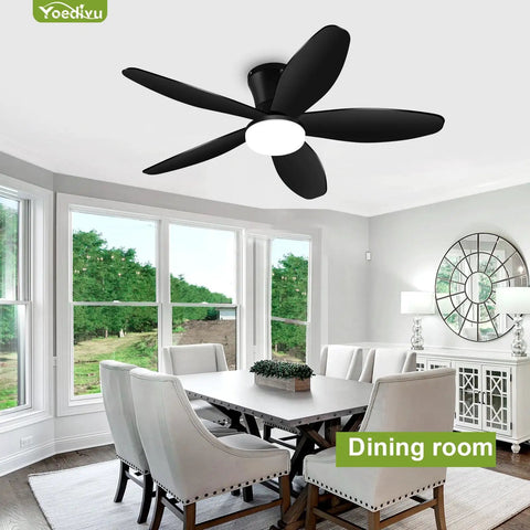 No Sweat When You Run This Ace 42 Inch Low Profile Flush Mount Ceiling Fan with Smart Lighting in a dining room setting.