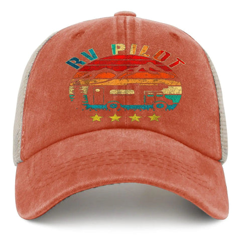 Funny RV Pilot Road Trip Hat For Outdoor Adventures, Camper Vacation Cap With Adjustable Strap, Bright Saffron Color, Sleek Modern Look