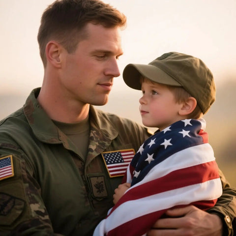 Patriotic 2x3 Ft USA Flag Crafted From Oxford Polyester With vivid colors wrapped around child held by man in uniform