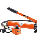 10 Ton Hydraulic Cylinder Jack Porta Power Multi Section With 1 Inch Stroke Mini Ram And CP-180 Hand Pump in orange.