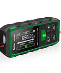 Dual Laser Distance Meter With 656 Feet Range, Rechargeable, Six Measurement Units In Feet, Inches, And Meters, LCD Display, Measures Length, Area, Volume And Angle With One Eighth Inch Accuracy, Bidirectional And Unidirectional Modes. black and green handheld unit on white background