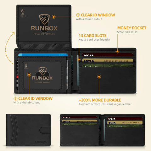 Slim Rfid Blocking Genuine Leather Bifold Wallet For Men With Dual Id Display Large Card Capacity And Kickass Gift Box Durable Full Grain Stitching Tight Carry, showcasing dual ID windows and card slots.