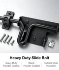 Heavy Duty Steel Gate Slide Bolt Latch features black powder coated finish, mountable with included screws.