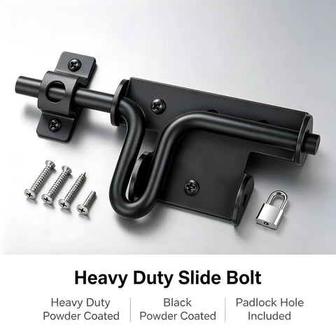 Heavy Duty Steel Gate Slide Bolt Latch features black powder coated finish, mountable with included screws.