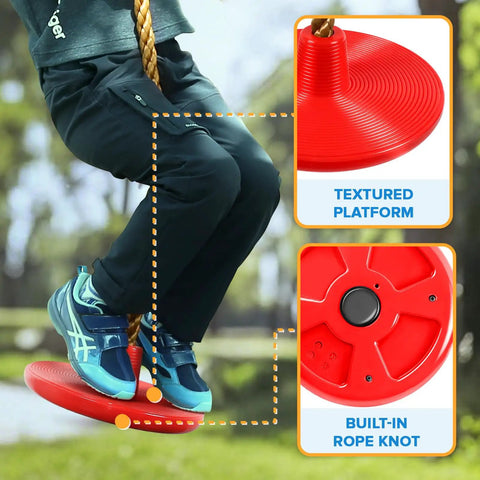Child sitting on red textured platform of climbing rope tree swing with platforms and seat for kids kid-friendly outdoor playground accessories