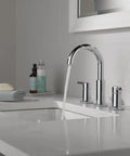 Chrome 3 Hole 8 Inch Widespread Bathroom Sink Faucet With Push Pop Drain For Vanity No Brainer Install Easy DIY Setup Durable Chrome Finish Quality Tested For Reliable Performance 35749LF displayed in modern bathroom setting.