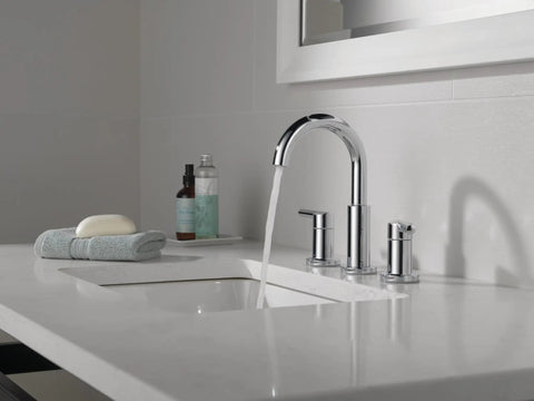 Chrome 3 Hole 8 Inch Widespread Bathroom Sink Faucet With Push Pop Drain For Vanity No Brainer Install Easy DIY Setup Durable Chrome Finish Quality Tested For Reliable Performance 35749LF displayed in modern bathroom setting.