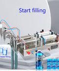 Double Head Pneumatic Liquid Filling Machine With Stainless Steel Body Featuring Auto And Manual Controls Plus A Snappy Foot Switch Gliding Smooth Through Bottle Filling For Oils Or Liquids In One Hundred To One Thousand Milliliter Range with dual-head filling system.