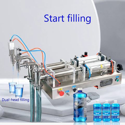 Double Head Pneumatic Liquid Filling Machine With Stainless Steel Body Featuring Auto And Manual Controls Plus A Snappy Foot Switch Gliding Smooth Through Bottle Filling For Oils Or Liquids In One Hundred To One Thousand Milliliter Range with dual-head filling system.