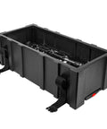 Hella Rugged Roto Molded Drum Hardware Case With Retractable Pull Handle And Inline Wheels showing interior and straps.