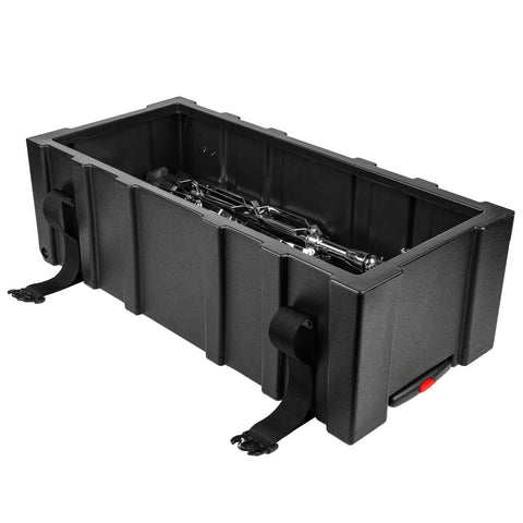 Hella Rugged Roto Molded Drum Hardware Case With Retractable Pull Handle And Inline Wheels showing interior and straps.