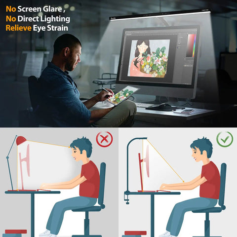 Ultra Wide LED Desk Lamp With Clamp For Your Home Office Eye Care, 31.5 Inch Long Lighting Bar in use at a computer workstation