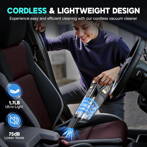 Person using Cordless Handheld Vacuum With 15000Pa Suction And Cyclonic Technology in car seat cleaning