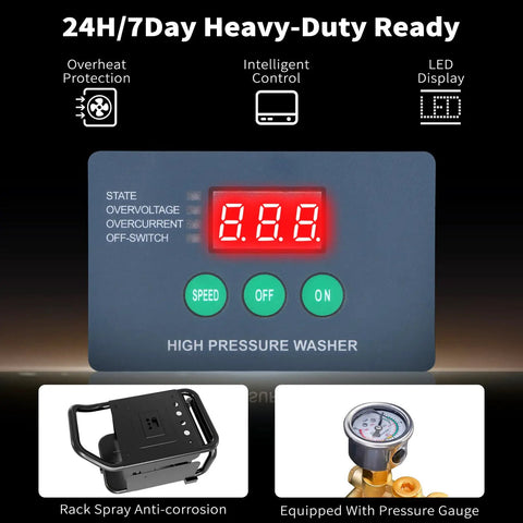 Beefed Up Electric Pressure Washer 100 Bar 2.3 GPM With PM Inverter 3HP Motor digital control panel and pressure gauge.