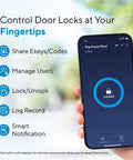 Smart Lock WiFi Bridge For Remote Access And Voice Assistant Control on smartphone screen in use by hand.