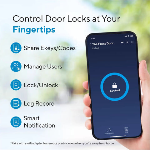 Smart Lock WiFi Bridge For Remote Access And Voice Assistant Control on smartphone screen in use by hand.