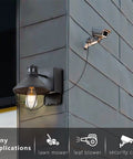 Outdoor Wall Light With GFCI Outlet, 2 Pack, Motion Sensor, mounted on exterior wall next to security camera.