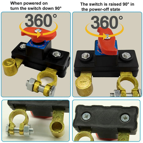 Car Battery Power Cutoff Switch Breaker With Pure Copper High Conductivity shown with switches in on and off positions