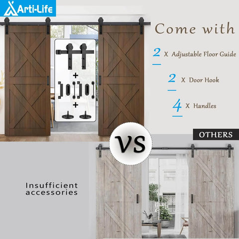 Heavy Duty Sliding Barn Door Hardware Kit With Door Hook And Two Handles For Double Doors, Smooth And Quiet Operation, Easy To Install.