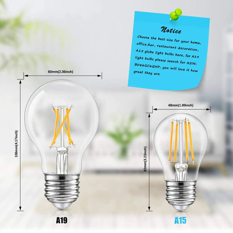 Comparison of A19 and A15 LED bulbs with measurements, featuring 12 Pack Dimmable A15 LED Bulbs 60W Incandescent Equivalent, 6W Actual, 5000K.