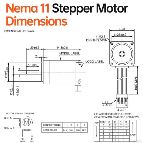 Diagram of Beefy High Torque Nema 11 Stepper Motor dimensions and wiring for 3D printer, DIY robot, CNC applications.