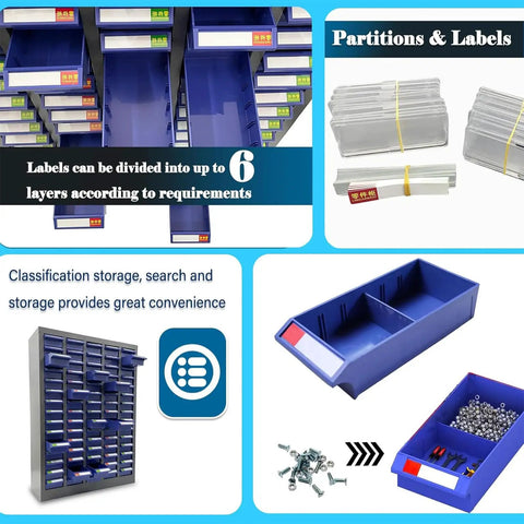 Heavy Duty Metal Hardware Organizer Stackable Parts Cabinet With 75 Or 100 Smooth Gliding Drawers, showing labeled compartments and dividers.