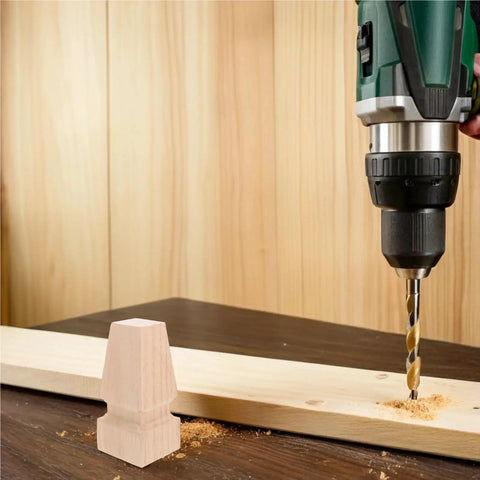 Four Lightweight Solid Wood Furniture Legs with subtle carvings next to a drill in action, easy to install and upgrade home decor.