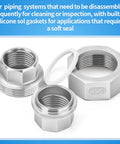 304 Stainless Steel Pipe Fitting Union One Half Inch NPT Female Thread Adapter Four Pack with silicone gaskets for plumbing.