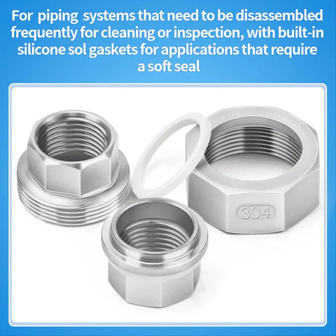 304 Stainless Steel Pipe Fitting Union One Half Inch NPT Female Thread Adapter Four Pack with silicone gaskets for plumbing.