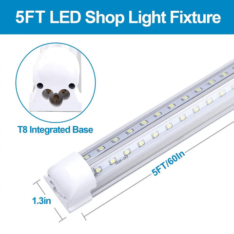 Close-up of 5Ft LED Shop Light Fixture with T8 Integrated Base, 60in length, part of the 8Ft LED Shop Light Fixture With V Shaped 5Ft Tubes 48W Cold White 6000K T8 Integrated Bulbs For Garage And Warehouse Plug And Play Linkable Energy Saving 25 Pack