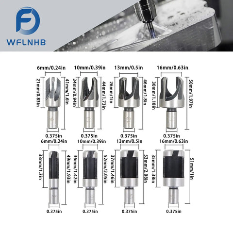 Image of Heavy Duty Wood Plug Cutter Set With Eight Titanium Coated Drill Bits For Woodworking Projects Deep Cut Shanks Nine Point Three Millimeters.