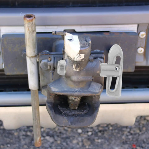 Heavy Duty T-Shaped Alloy Trailer Quick Release Lock Pin M8 securing hitch mechanism on a truck coupling.