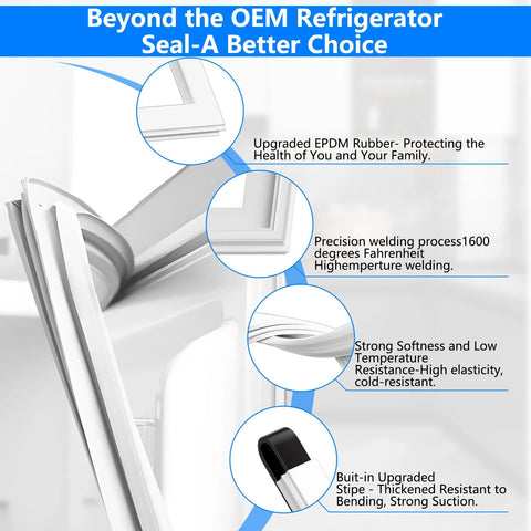 White freezer door gasket seal for upright freezers; EPDM rubber with reinforced edge and built-in strap.