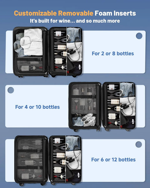 wine travel suitcase with customizable foam inserts for different bottle capacities