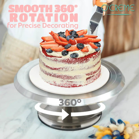 12 Inch Heavy Duty Aluminum Cake Turntable Stand Rock Solid Rotating Lazy Susan With Non Slip Base smooth 360° rotation for cake decorating.