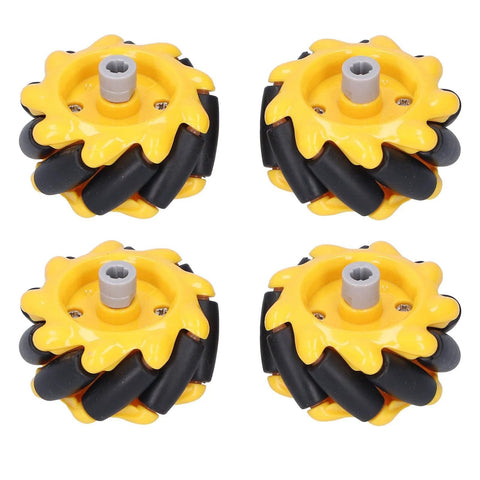 Front view of four yellow and black 48mm Mecanum robot wheels (two pairs) with gray hubs.