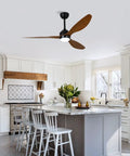 Modern 52 Inch Reversible Ceiling Fan with LED Light, 3 Walnut ABS Blades Quiet DC Motor Ceiling Fan in bright kitchen.