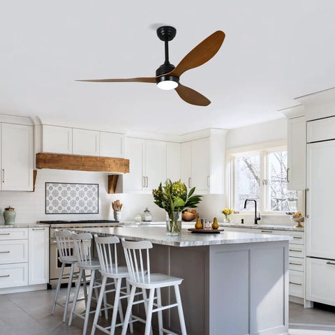Modern 52 Inch Reversible Ceiling Fan with LED Light, 3 Walnut ABS Blades Quiet DC Motor Ceiling Fan in bright kitchen.