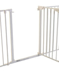 Extra Wide Baby Gate With Door Kid Safe For Stairs And Hallways Hardware Mounted, showing open gate and white metal bars.